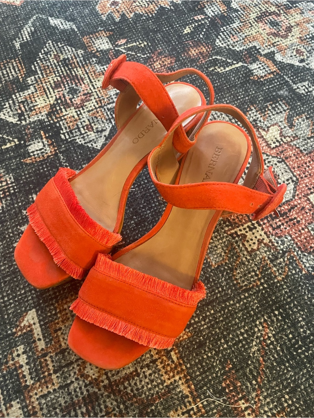 Bernardo Bright Fringe Suede Block Heel Sandals